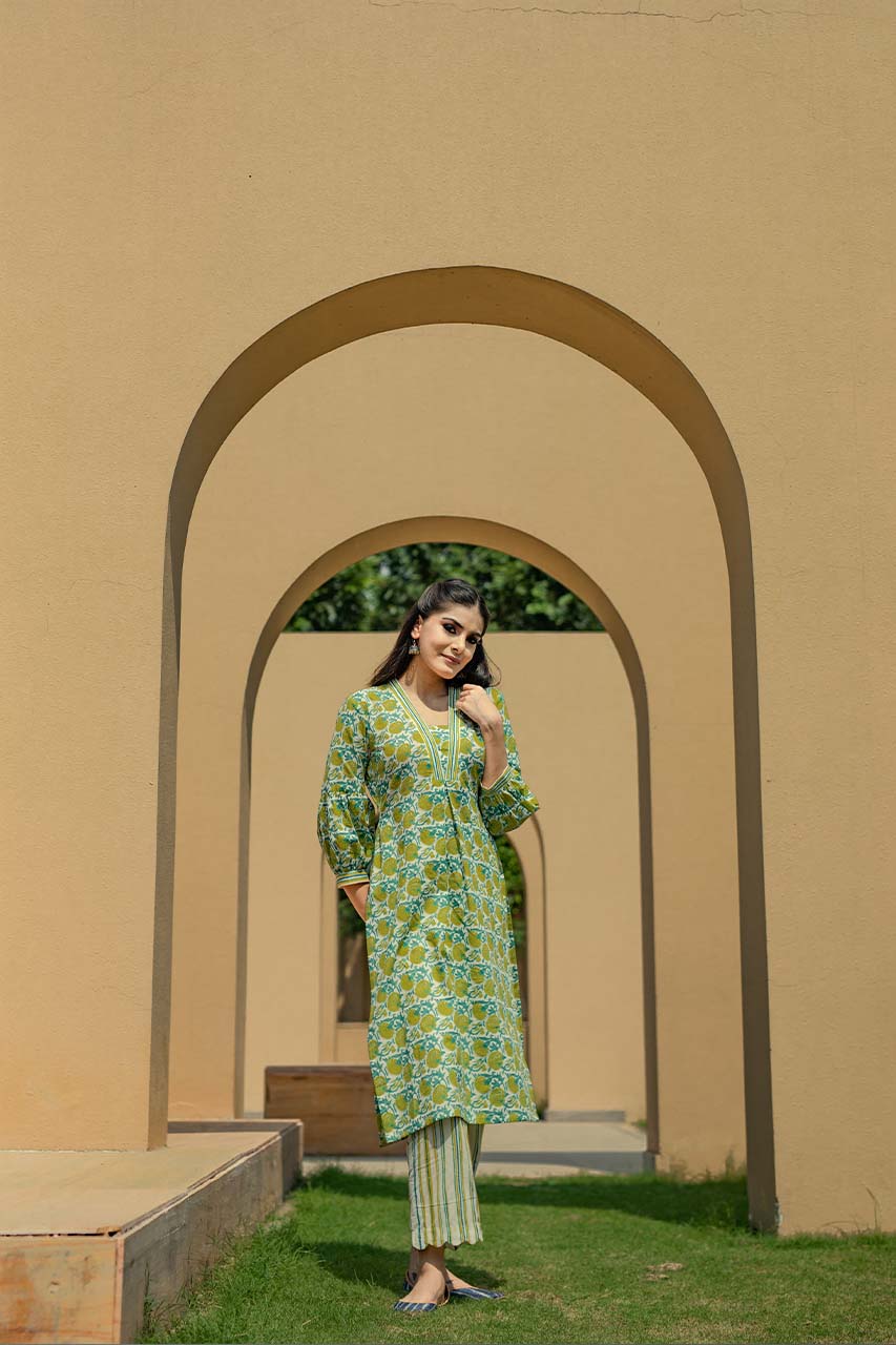 Lily- Adaara Cotton Floral Print White & Green Kurta with Pants - Adaara