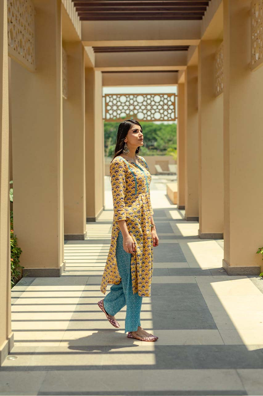 Daffodil-Adaara Cotton Parachute Block Print Yellow Kurta Set with Dupatta - Adaara