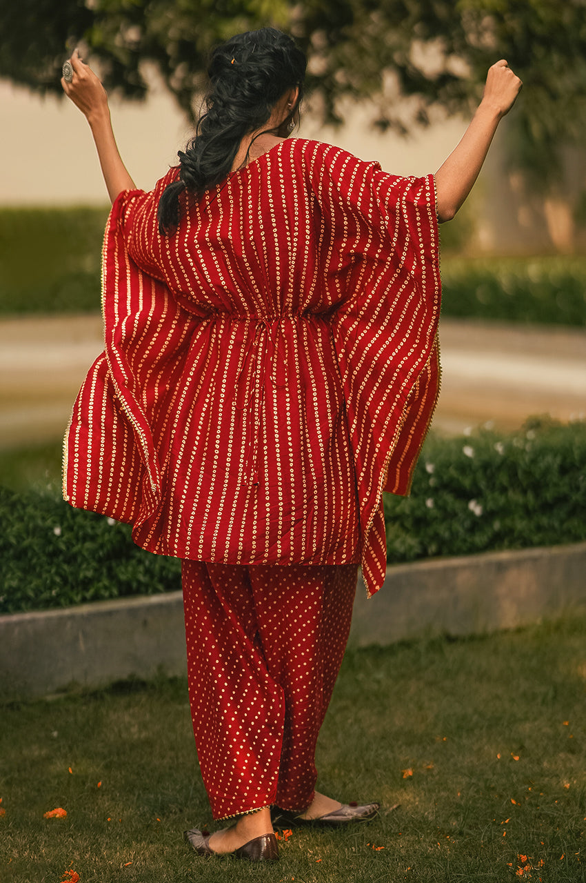 Bani-Adaara Silk Bandhani Kaftan set - Adaara