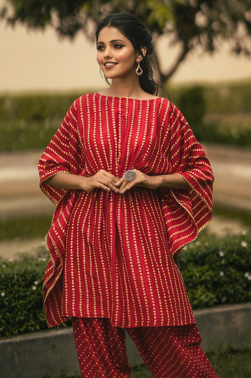 Bani-Adaara Silk Bandhani Kaftan set - Adaara