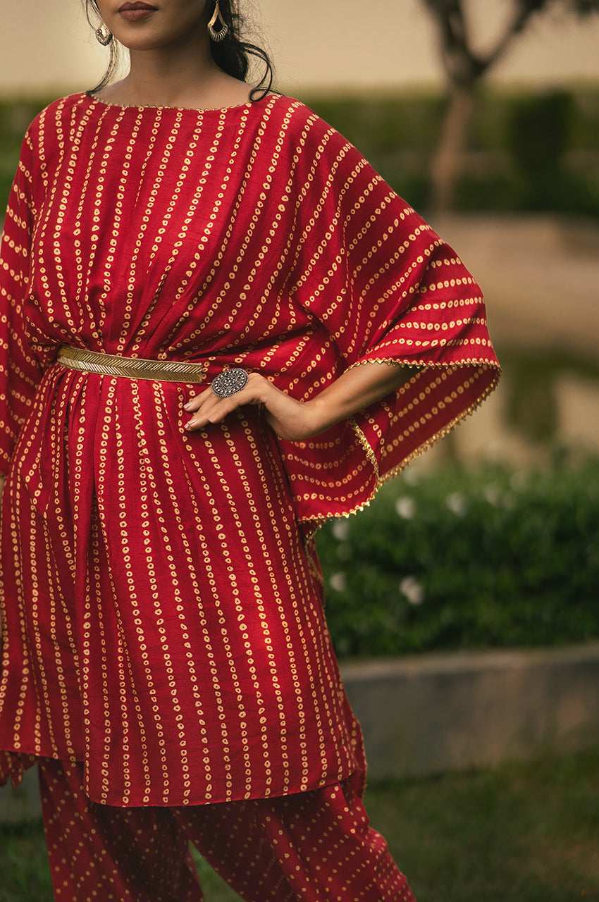 Bani-Adaara Silk Bandhani Kaftan set - Adaara