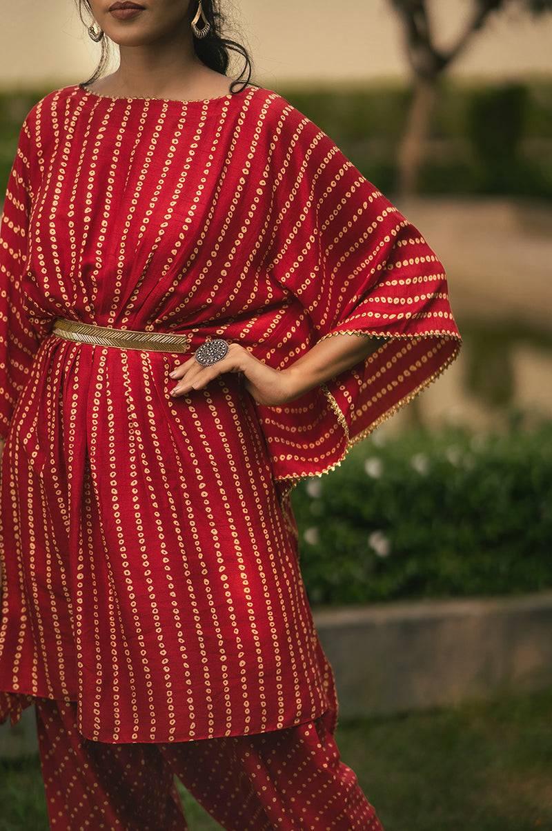 Bani-Adaara Silk Bandhani Kaftan set - Adaara