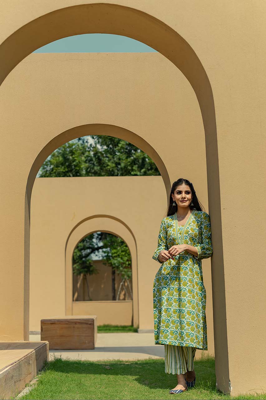 Lily- Adaara Cotton Floral Print White & Green Kurta with Pants - Adaara