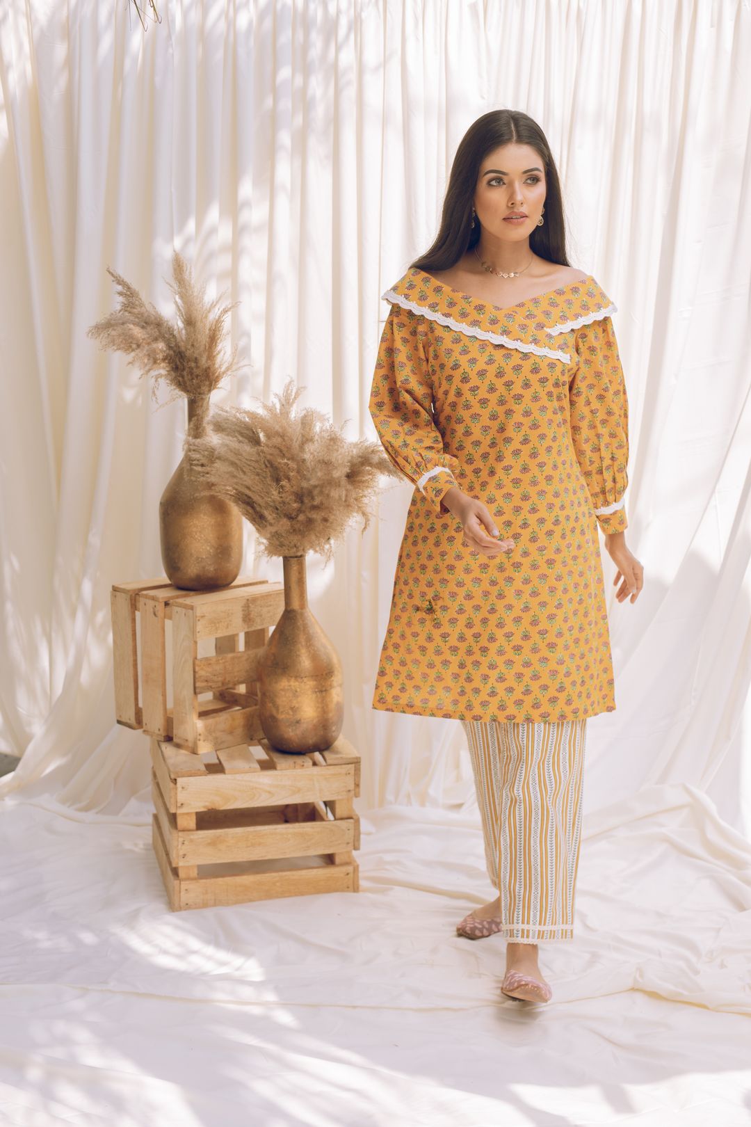 Mahru - Lotus Print off Shoulder Laced Yellow Kurta Set - Adaara