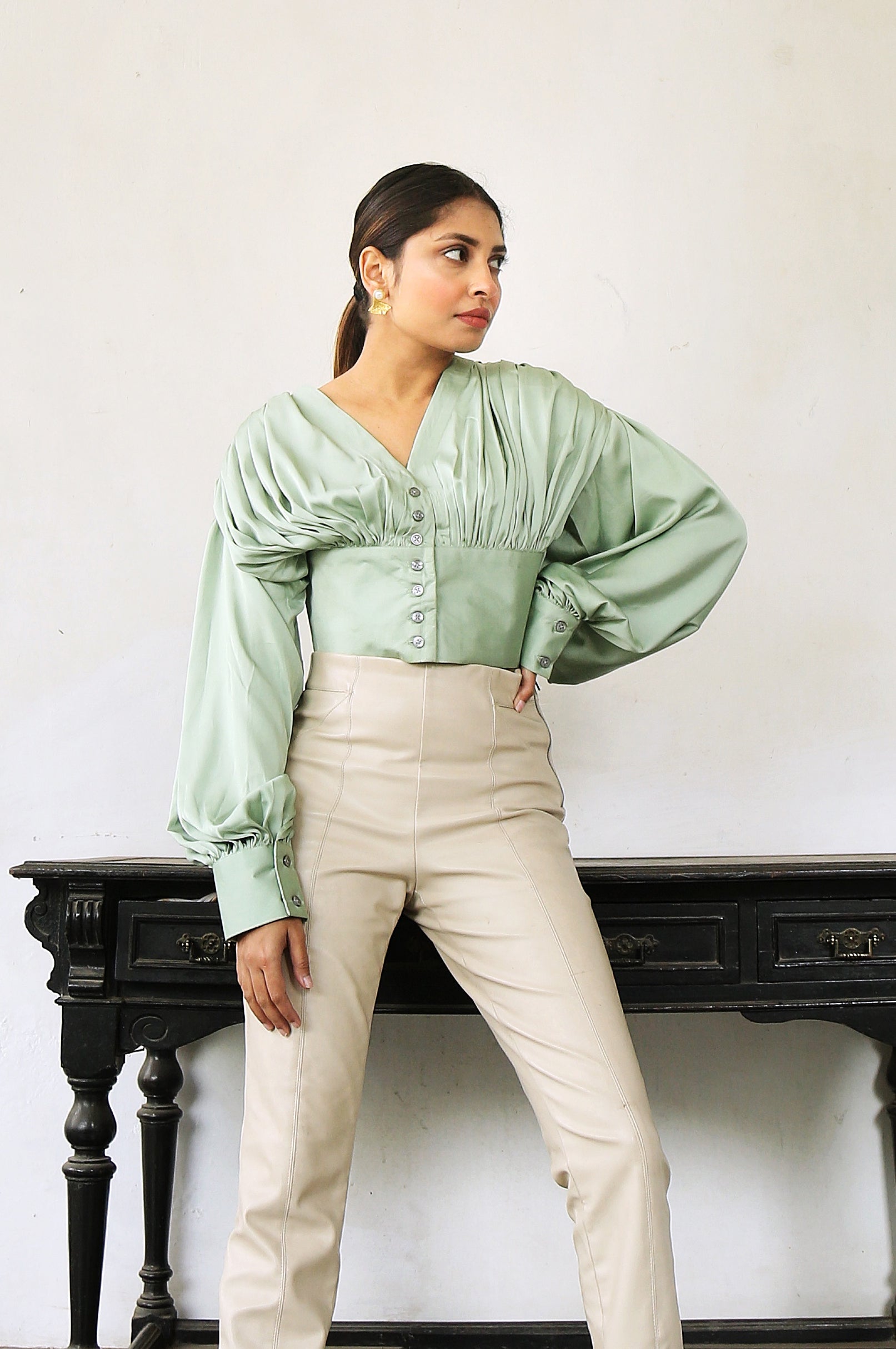 Adaara Imported Satin Top with Gathers - Adaara