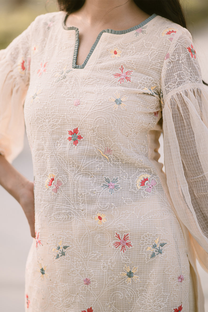 Ramya- Adaara Kota pale peach  embroidered floral Kurta set - Adaara