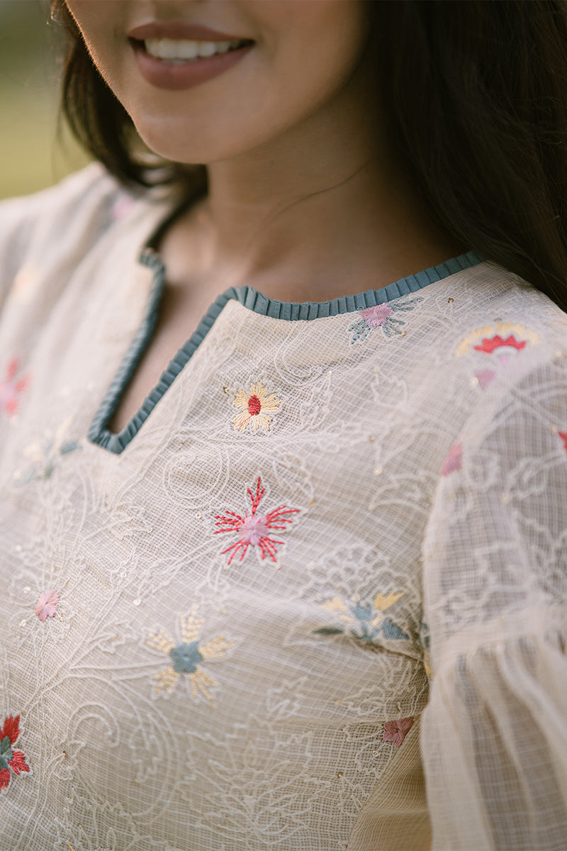 Ramya- Adaara Kota pale peach  embroidered floral Kurta set - Adaara