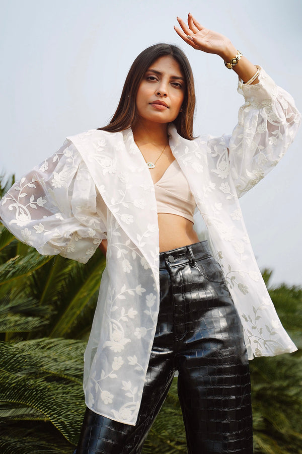 Adaara White sheer embroidered jacket with wide collars - Adaara