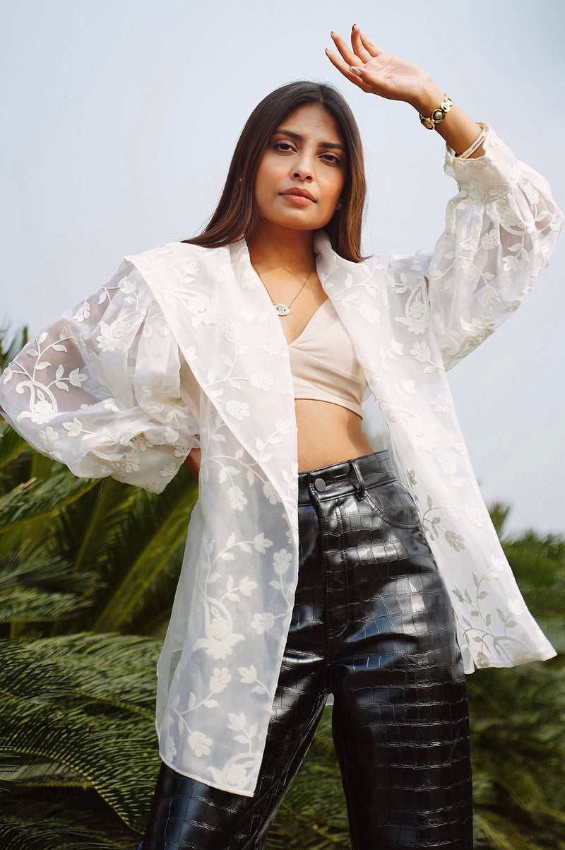 Adaara White sheer embroidered jacket with wide collars - Adaara