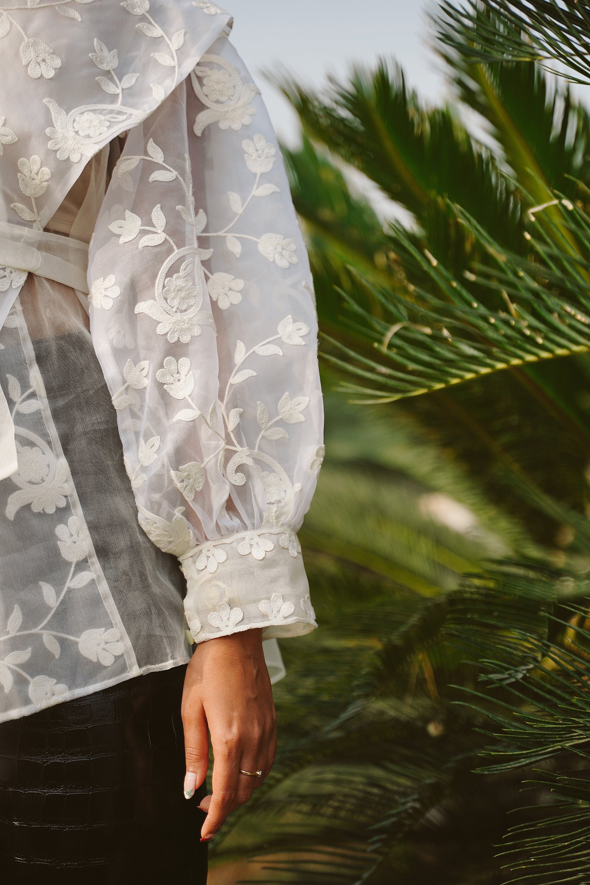Adaara White sheer embroidered jacket with wide collars - Adaara