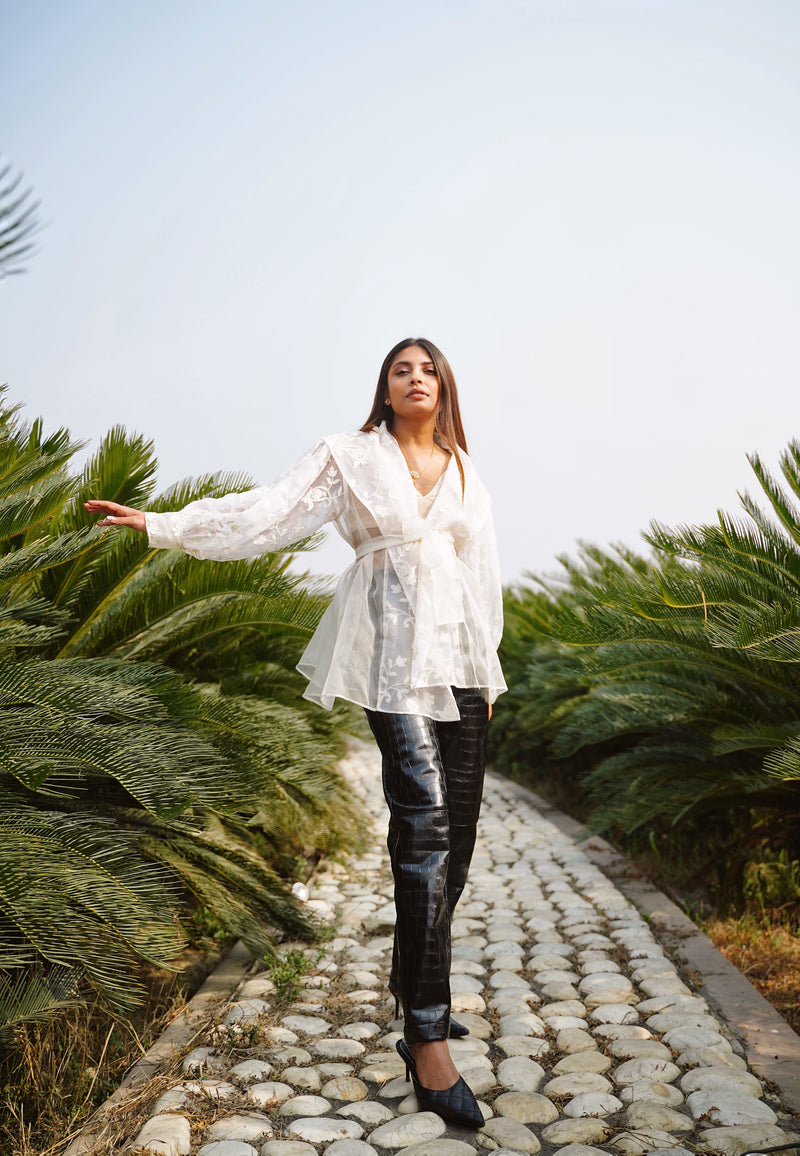 Adaara White sheer embroidered jacket with wide collars - Adaara