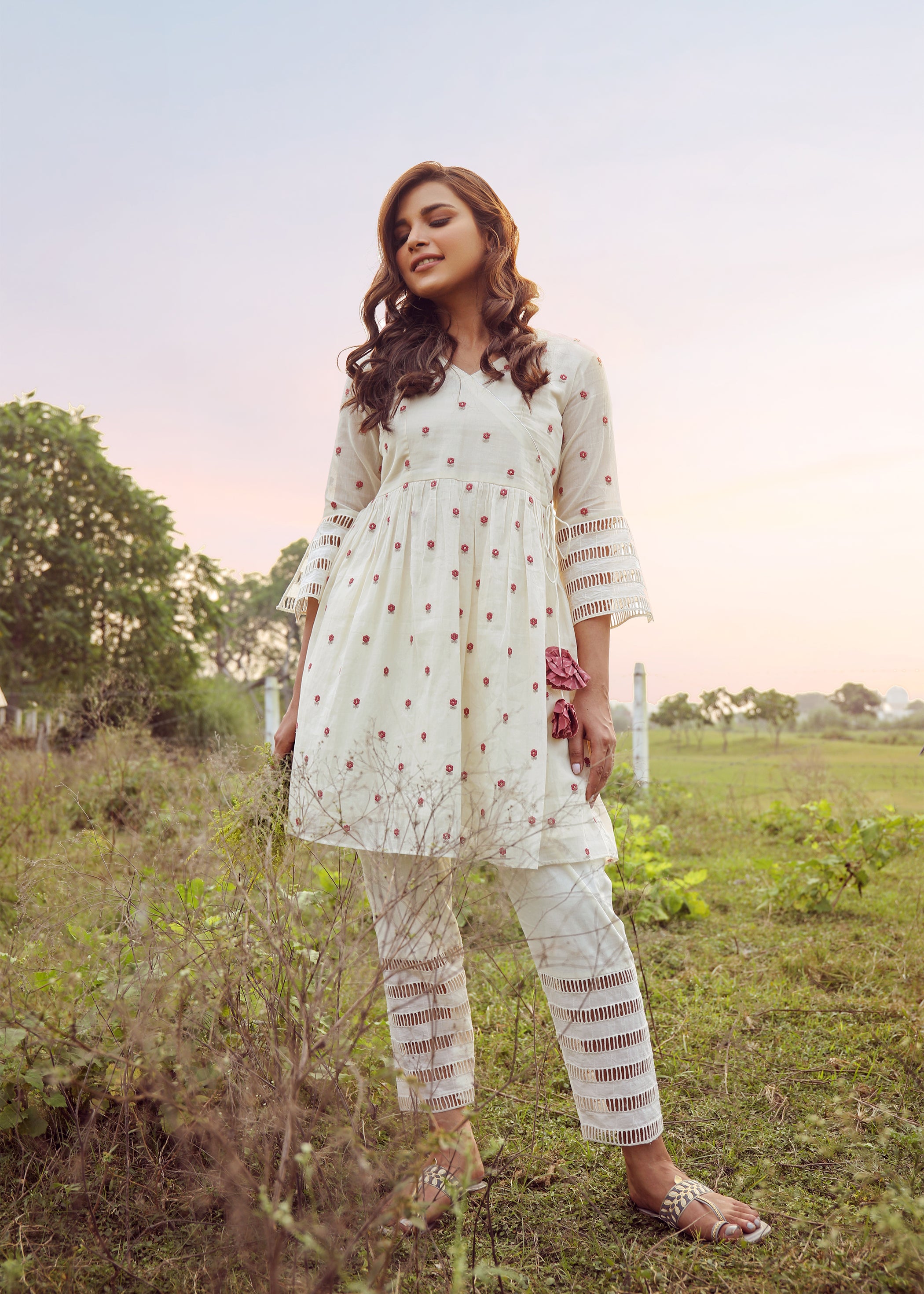 Off White Gathered Angrakha With Pants - Adaara