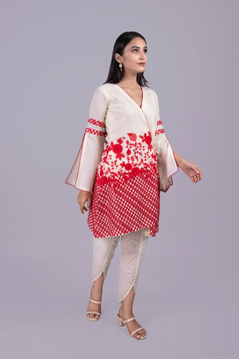 Adaara off white embroidered Angrakha with flared sleeves and sequence tulip pants - Adaara