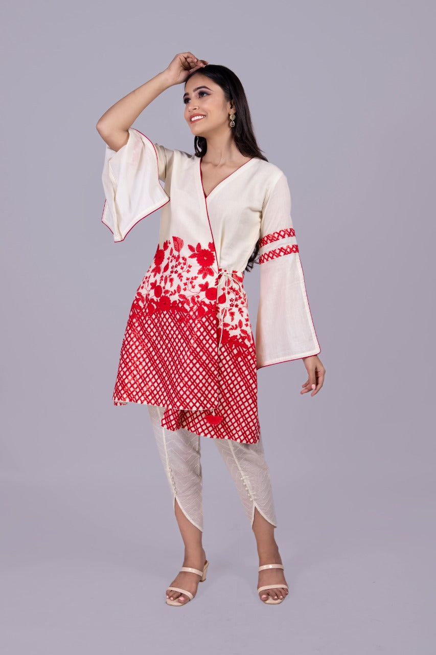 Adaara off white embroidered Angrakha with flared sleeves and sequence tulip pants - Adaara