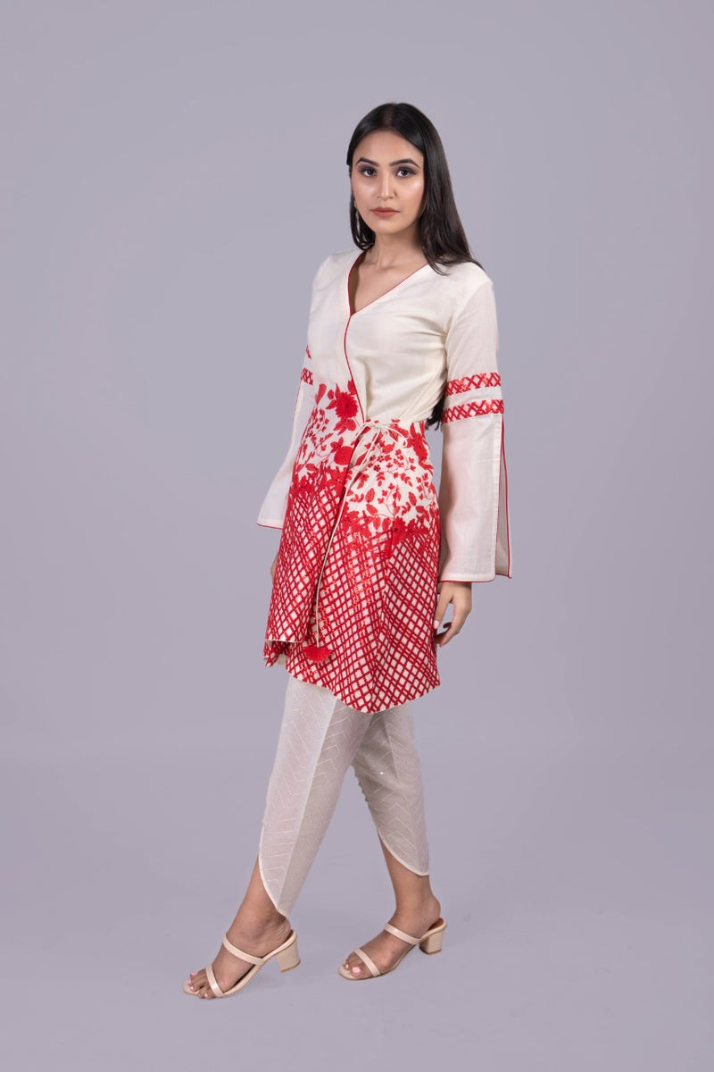 Adaara off white embroidered Angrakha with flared sleeves and sequence tulip pants - Adaara