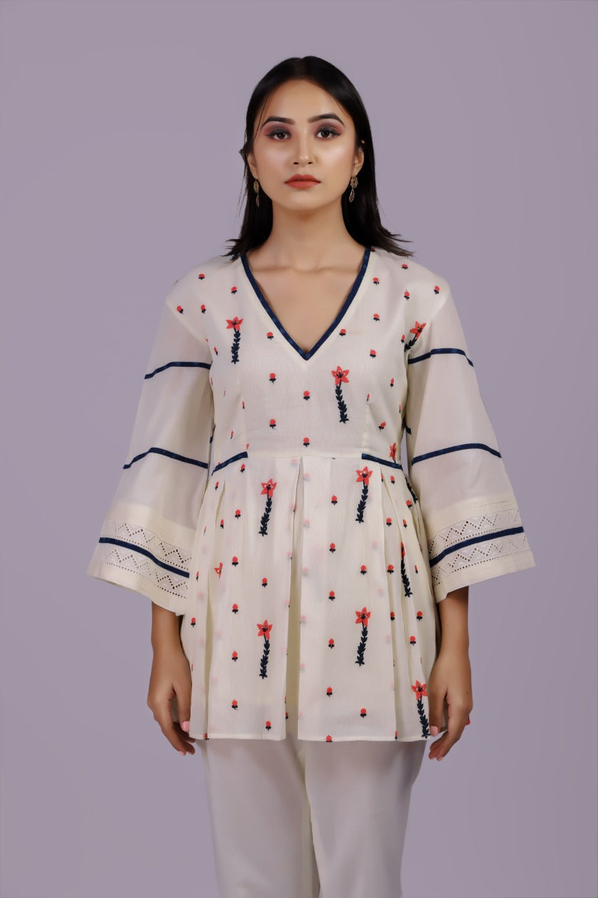 Adaara Off White Floral Tunic With Blue Motif - Adaara