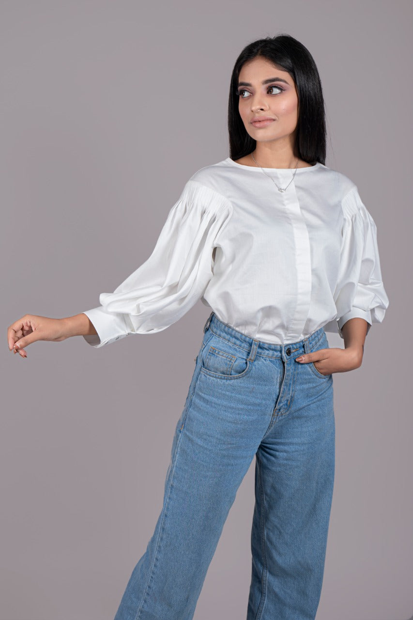 Adaara Imported Cotton Balloon Sleeve White Shirt - Adaara