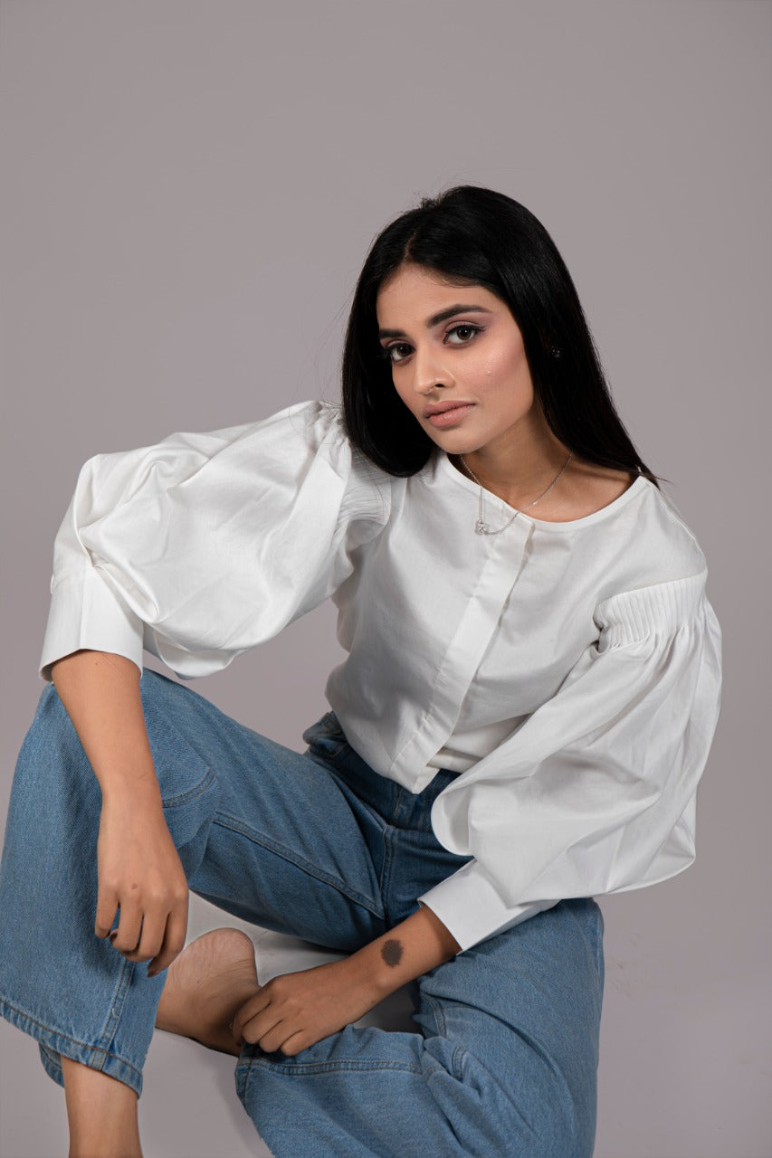 Adaara Imported Cotton Balloon Sleeve White Shirt - Adaara