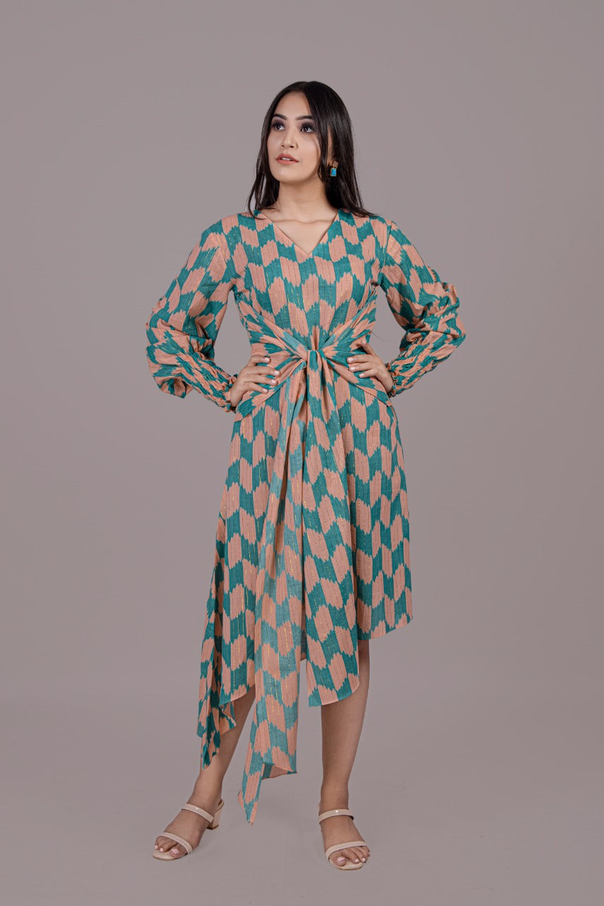 Adaara Teal Green And Peach Pink Cotton Dress - Adaara