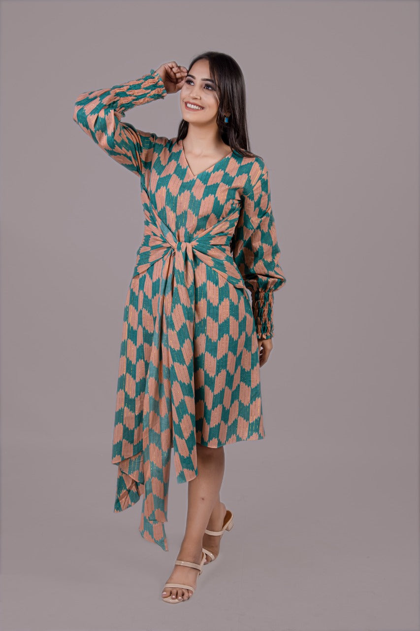 Adaara Teal Green And Peach Pink Cotton Dress - Adaara