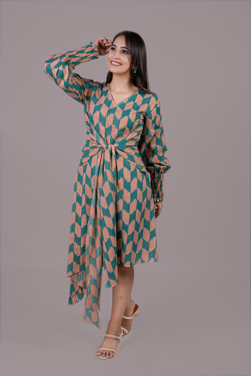 Adaara Teal Green And Peach Pink Cotton Dress - Adaara