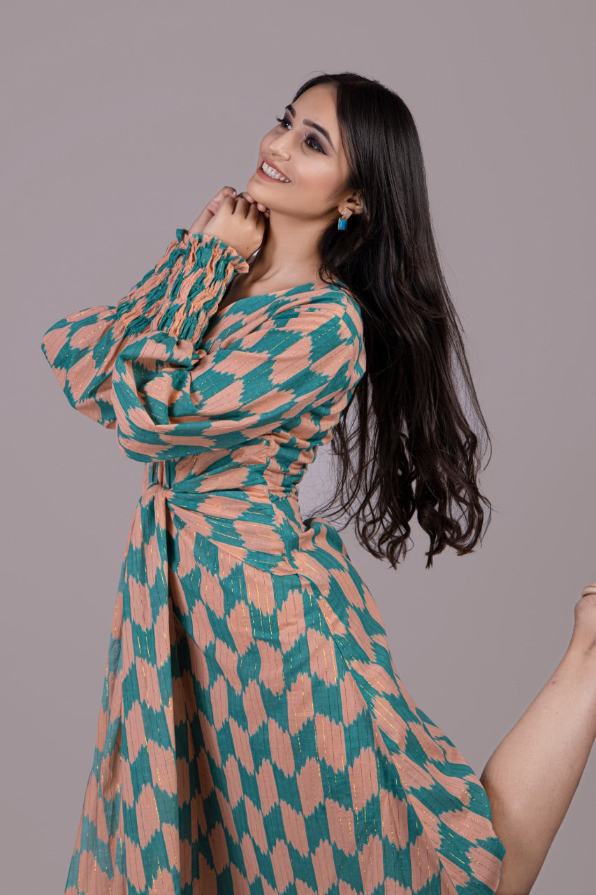 Adaara Teal Green And Peach Pink Cotton Dress - Adaara
