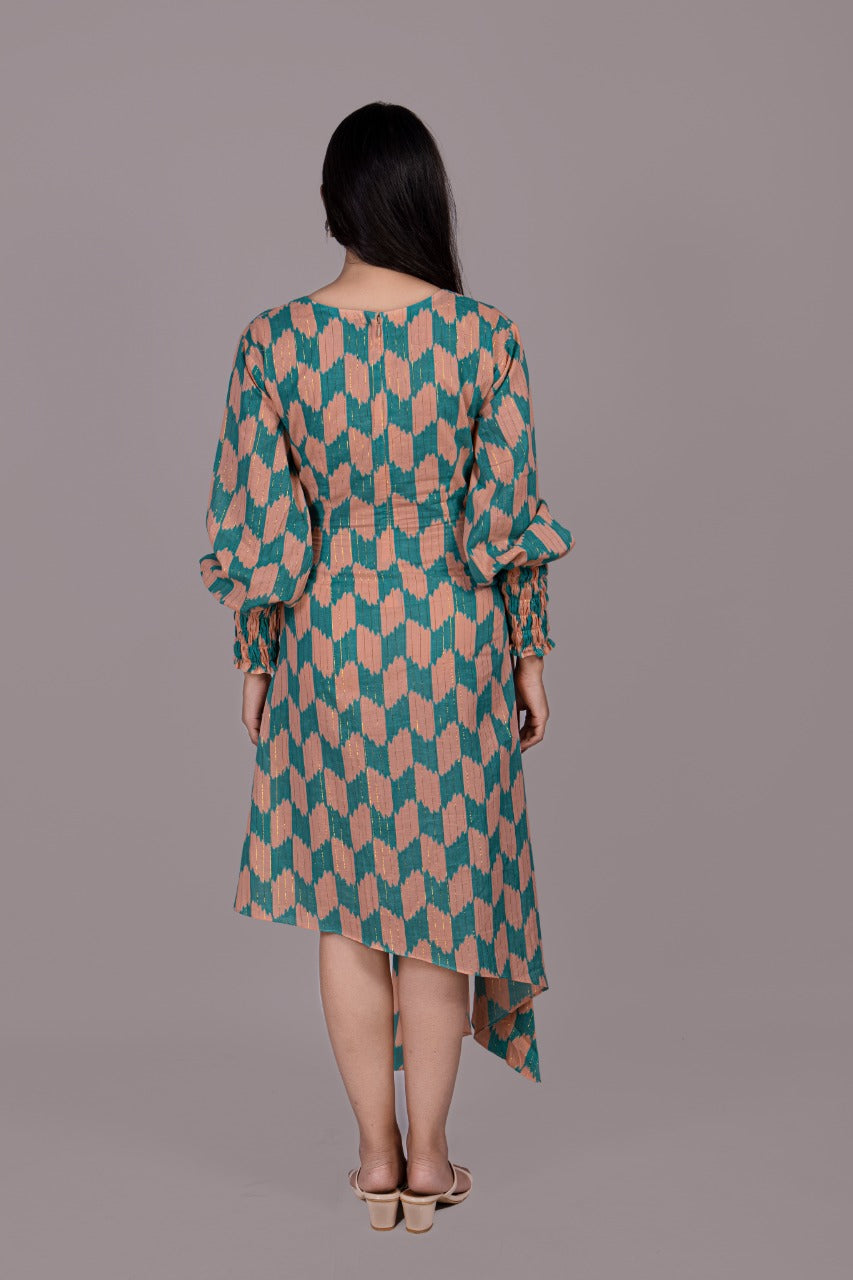 Adaara Teal Green And Peach Pink Cotton Dress - Adaara