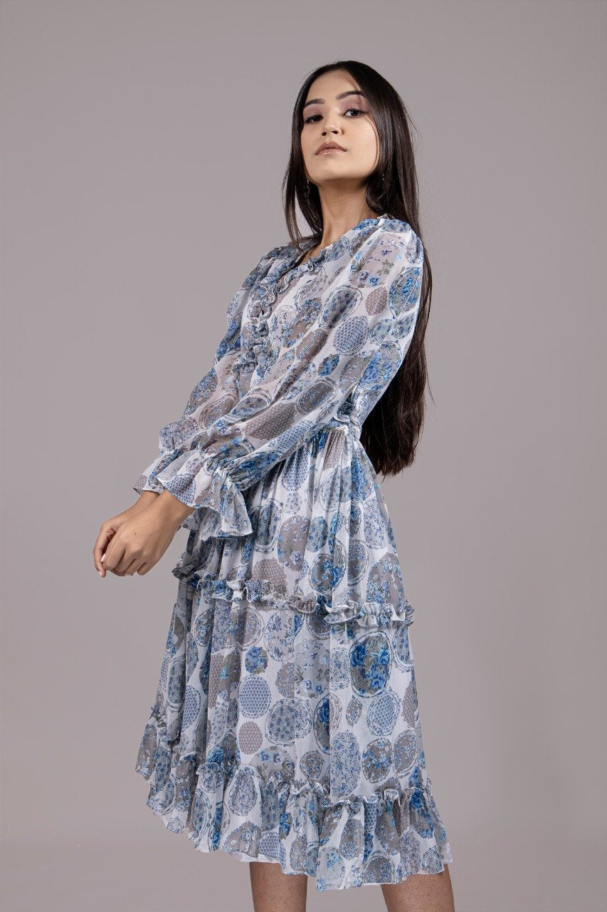 Adaara Chiffon Blue & White Dress - Adaara