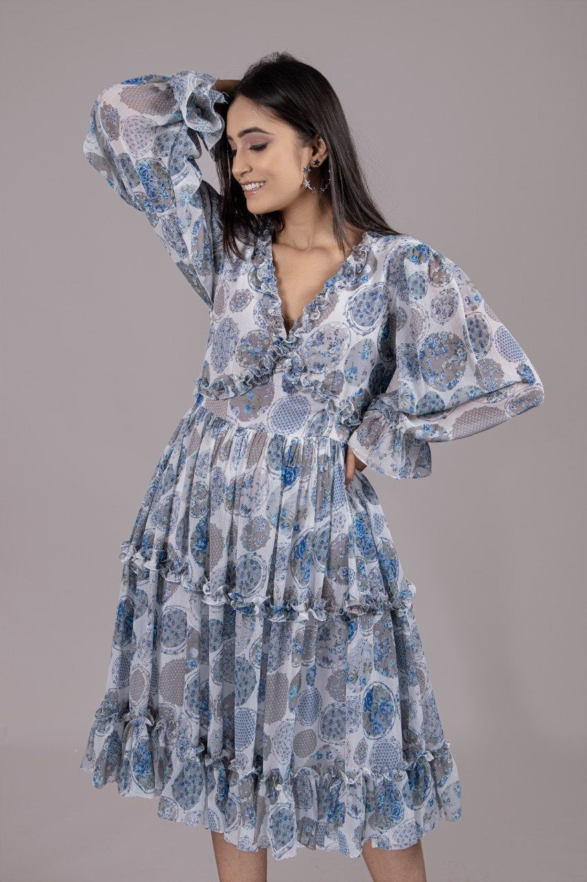 Adaara Chiffon Blue & White Dress - Adaara