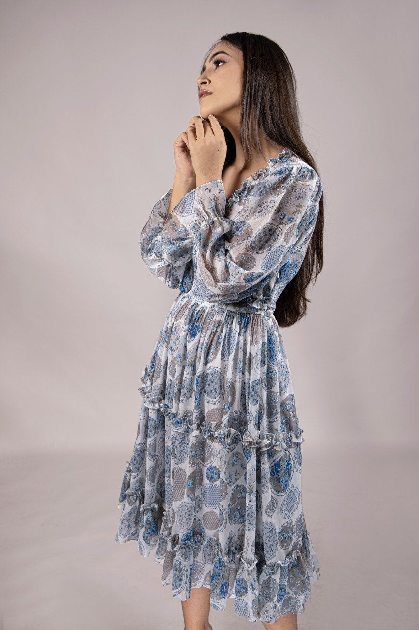 Adaara Chiffon Blue & White Dress - Adaara
