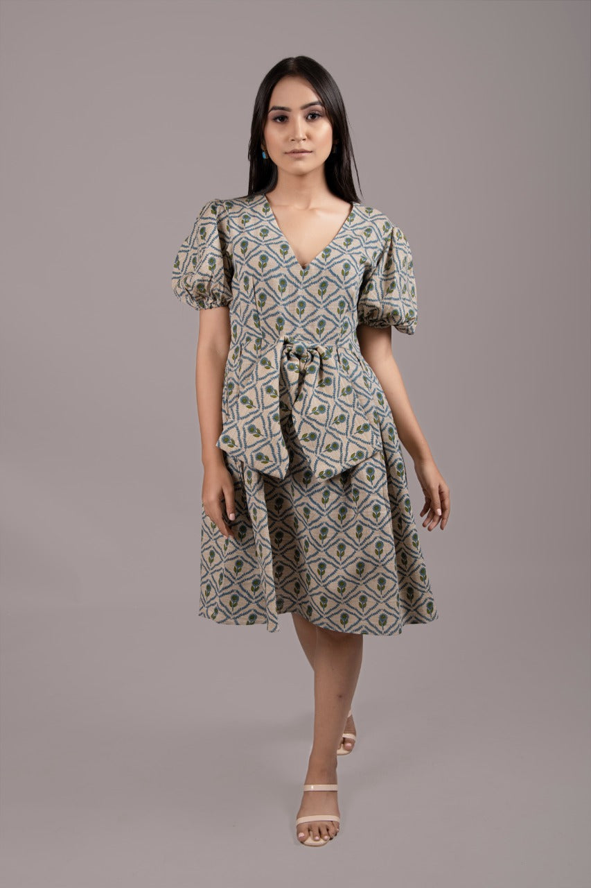 Adaara  Knee Length Dress With Elbow Balloon Sleeves - Adaara