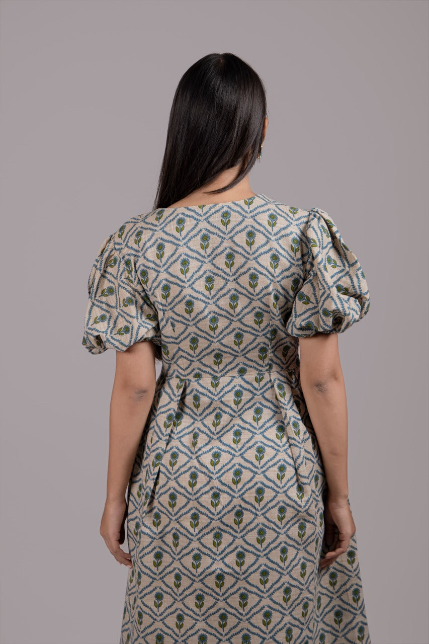 Adaara  Knee Length Dress With Elbow Balloon Sleeves - Adaara