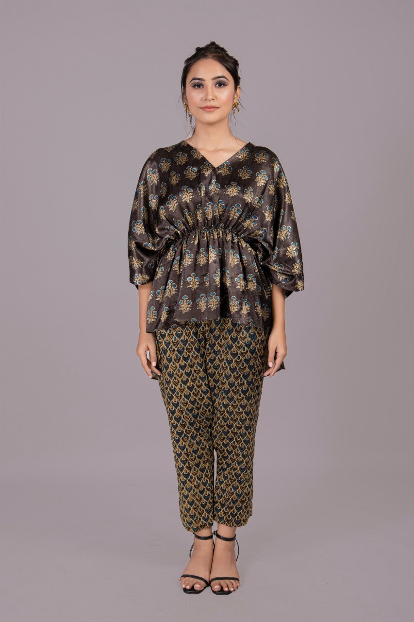 Adaara Bagru natural coloured high low gathered Tunic set with cigarette fit trousers - Adaara