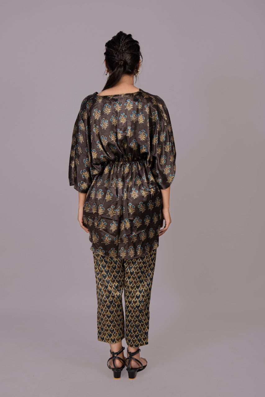 Adaara Bagru natural coloured high low gathered Tunic set with cigarette fit trousers - Adaara