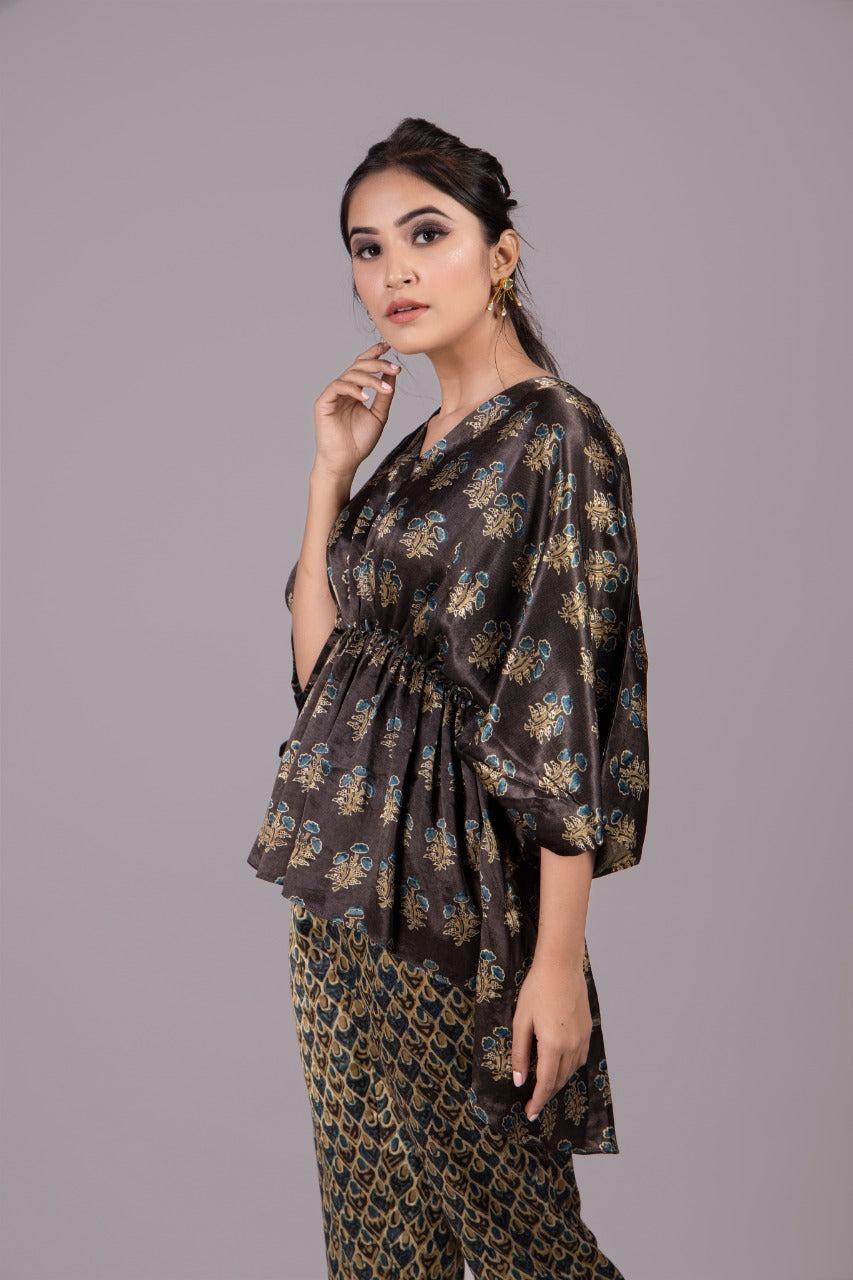 Adaara Bagru natural coloured high low gathered Tunic set with cigarette fit trousers - Adaara