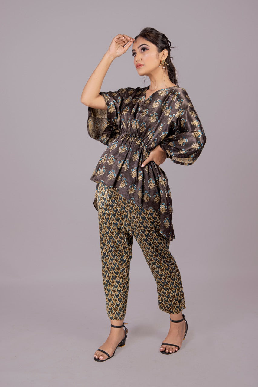 Adaara Bagru natural coloured high low gathered Tunic set with cigarette fit trousers - Adaara