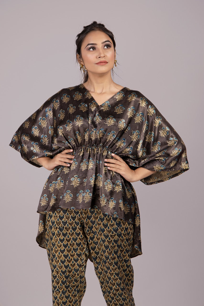 Adaara Bagru natural coloured high low gathered Tunic set with cigarette fit trousers - Adaara