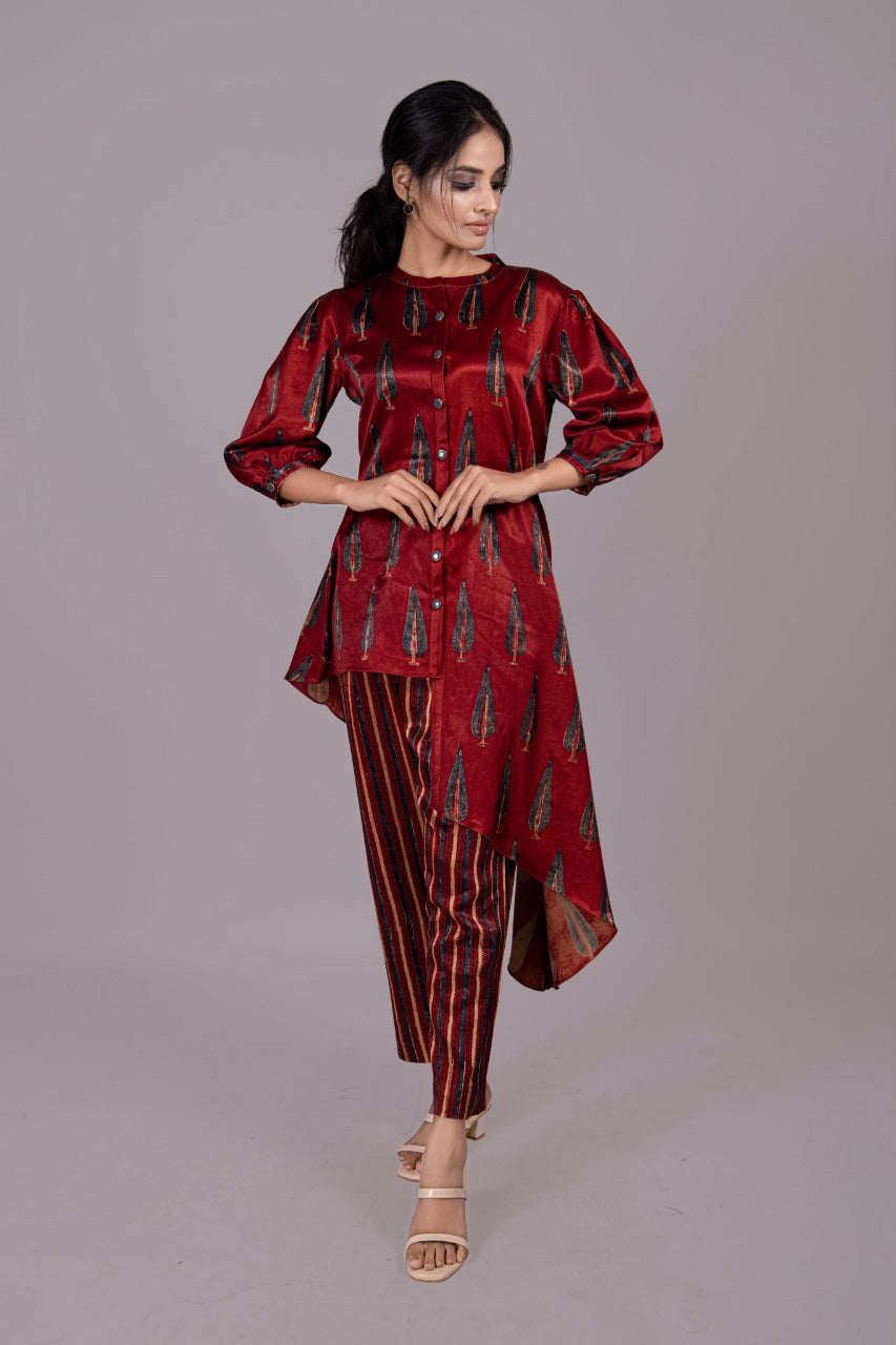 Adaara Bagru Red asymmetrical long shirt set with straight fit pants - Adaara