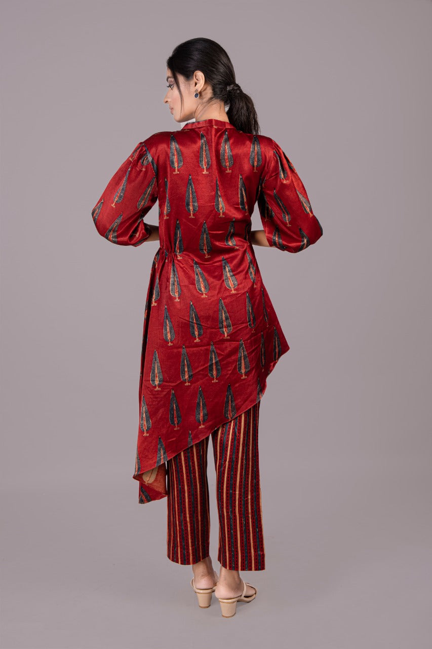 Adaara Bagru Red asymmetrical long shirt set with straight fit pants - Adaara