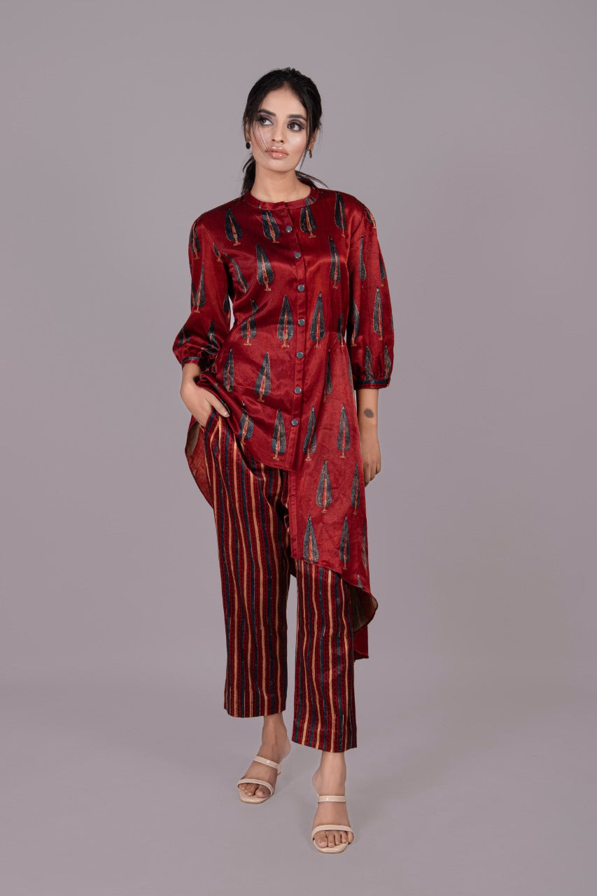 Adaara Bagru Red asymmetrical long shirt set with straight fit pants - Adaara