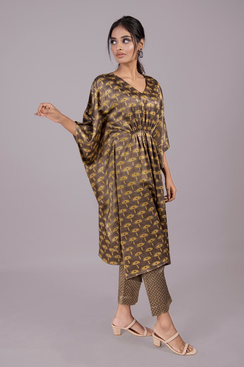 Adaara Bagru Brown Coloured Kaftan set with straight fit pants - Adaara