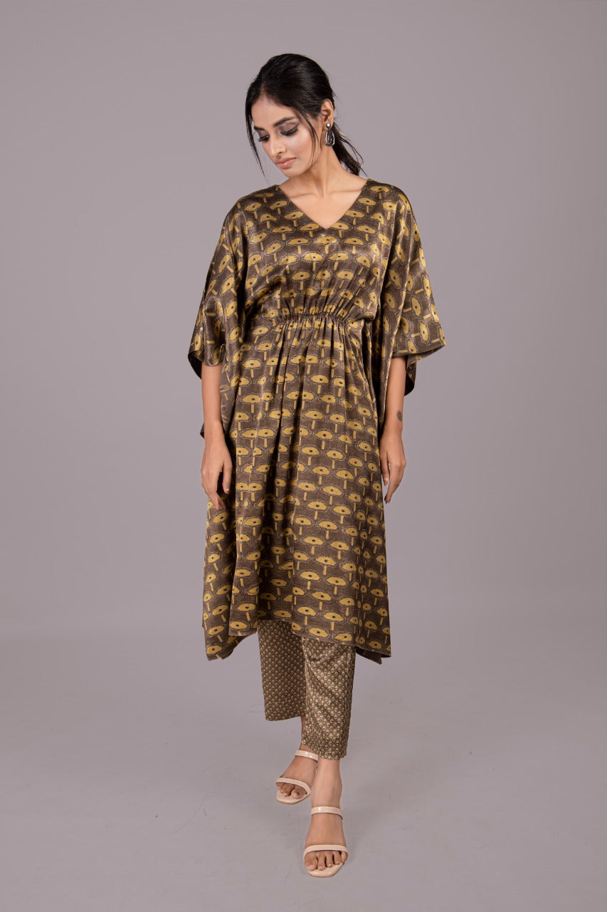 Adaara Bagru Brown Coloured Kaftan set with straight fit pants - Adaara