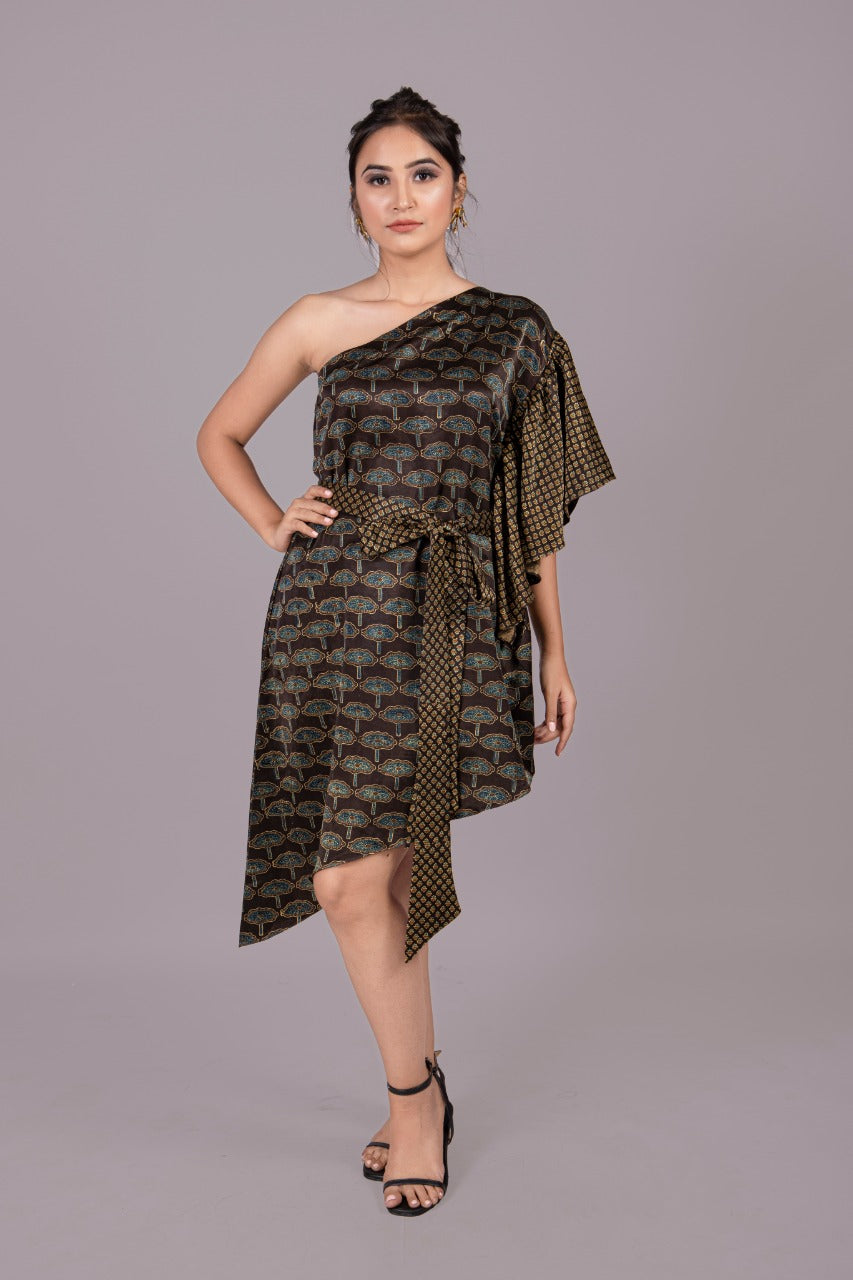 Adaara Bagru Off-shoulder statement dress with belt . - Adaara