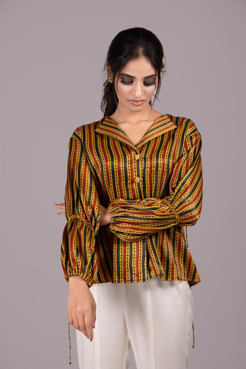 Adaara Bagru statement mustard shirt With Half Balloon Sleeves - Adaara