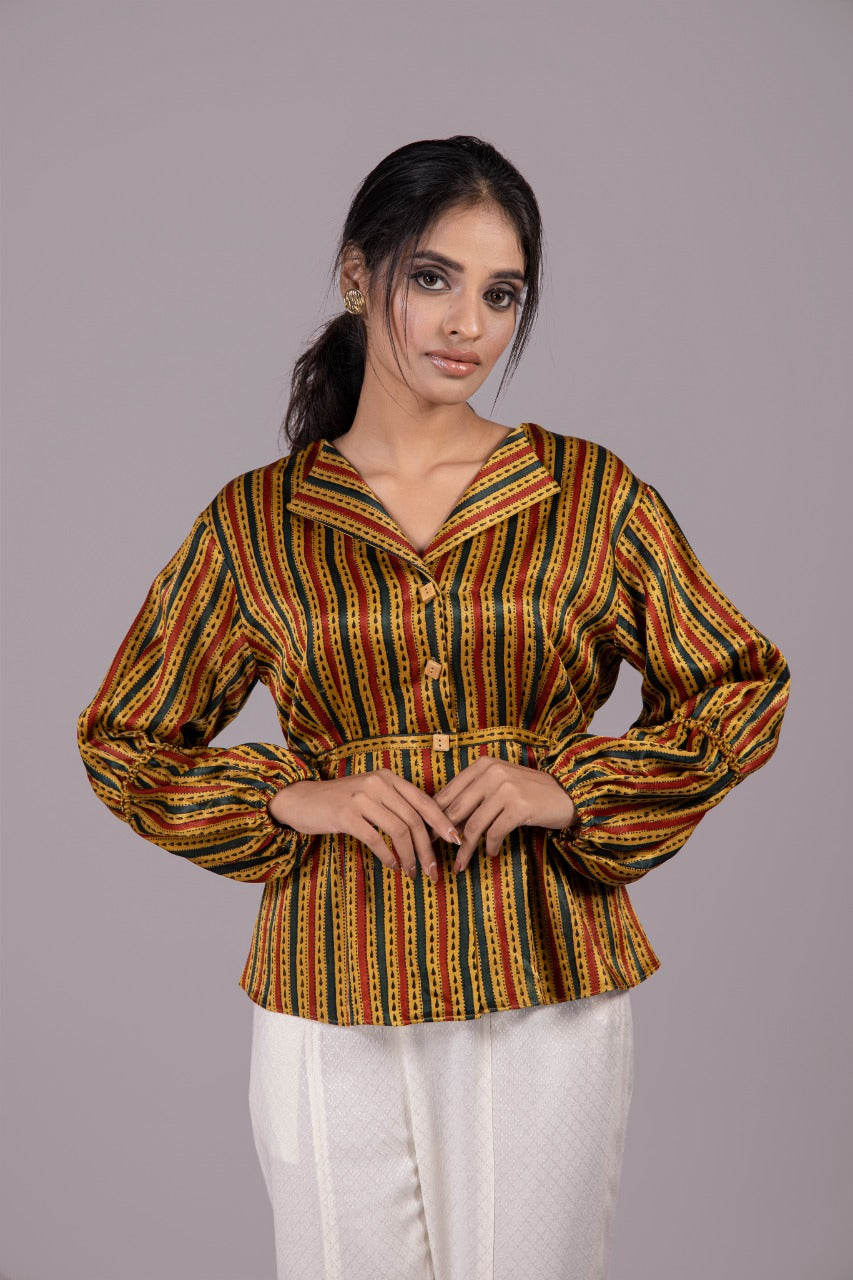 Adaara Bagru statement mustard shirt With Half Balloon Sleeves - Adaara