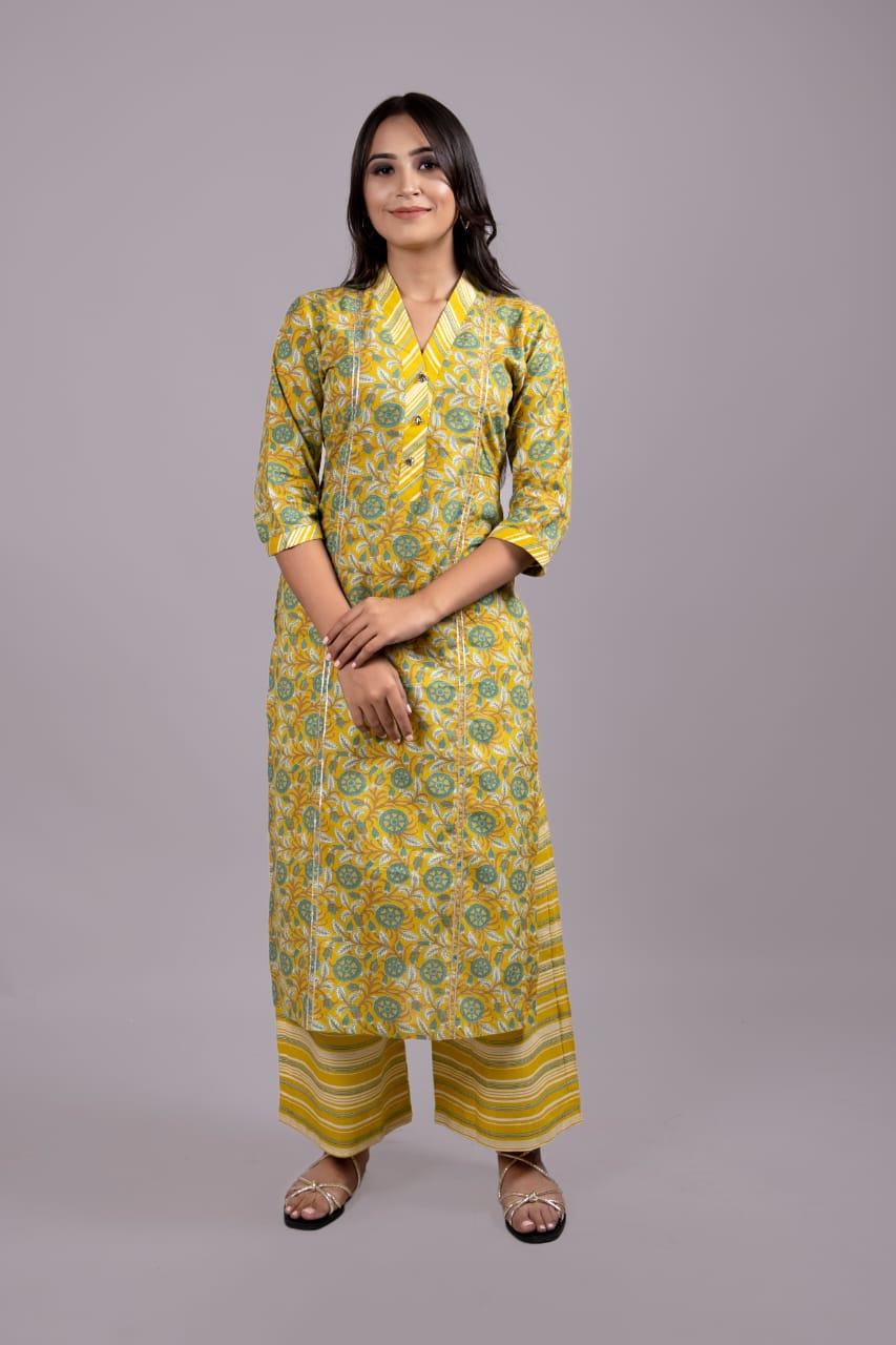 Yellow Gota Stripes Kurta Palazzo - Adaara