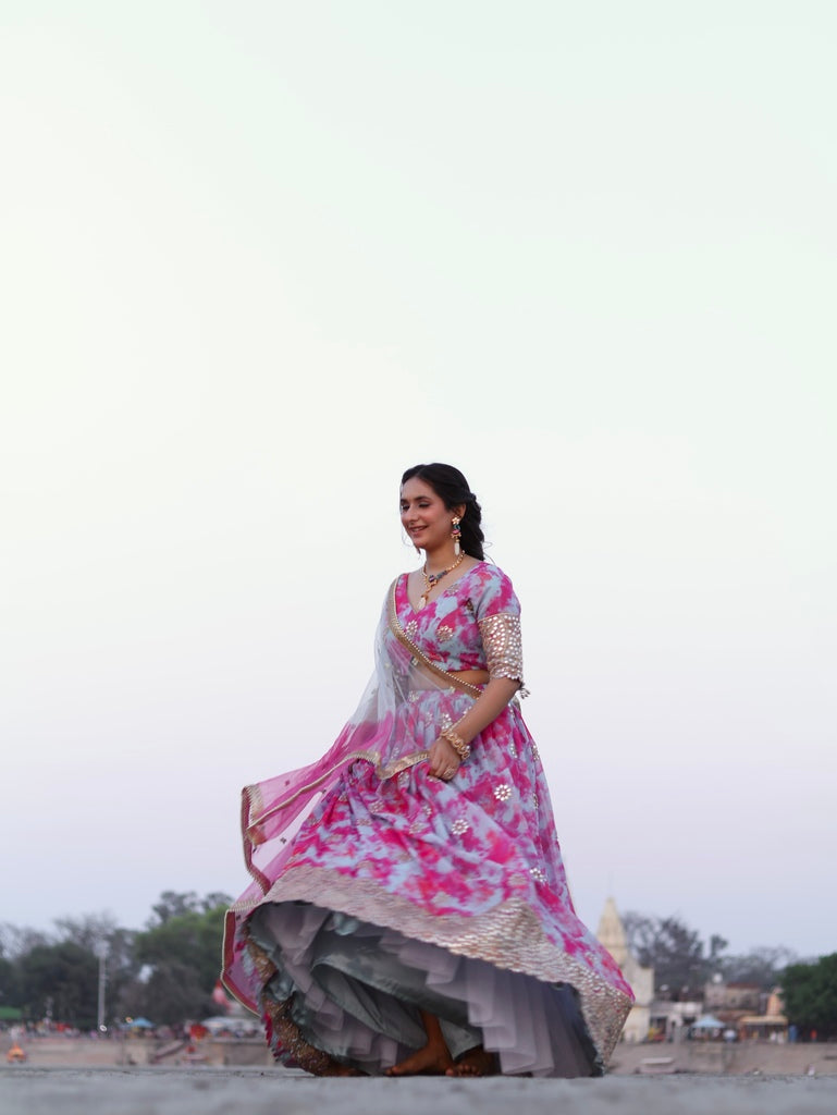 Candy Gloss - Adaara Pink Tie & Dye Gota and Mirror Work Lehenga