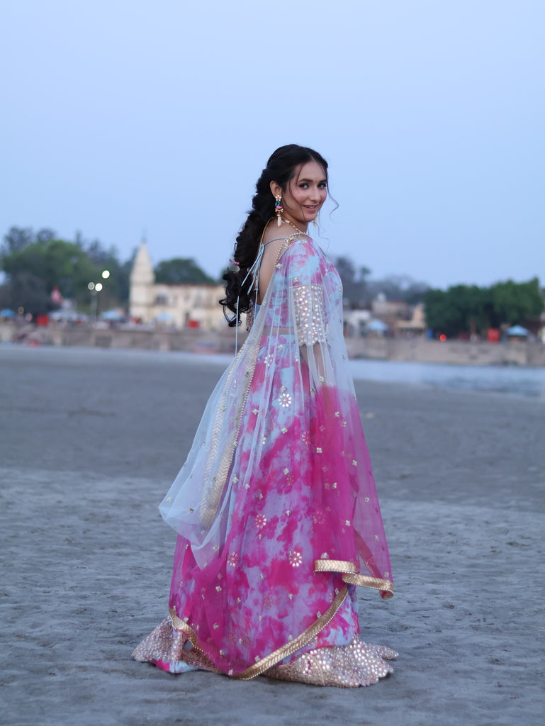 Candy Gloss - Adaara Pink Tie & Dye Gota and Mirror Work Lehenga