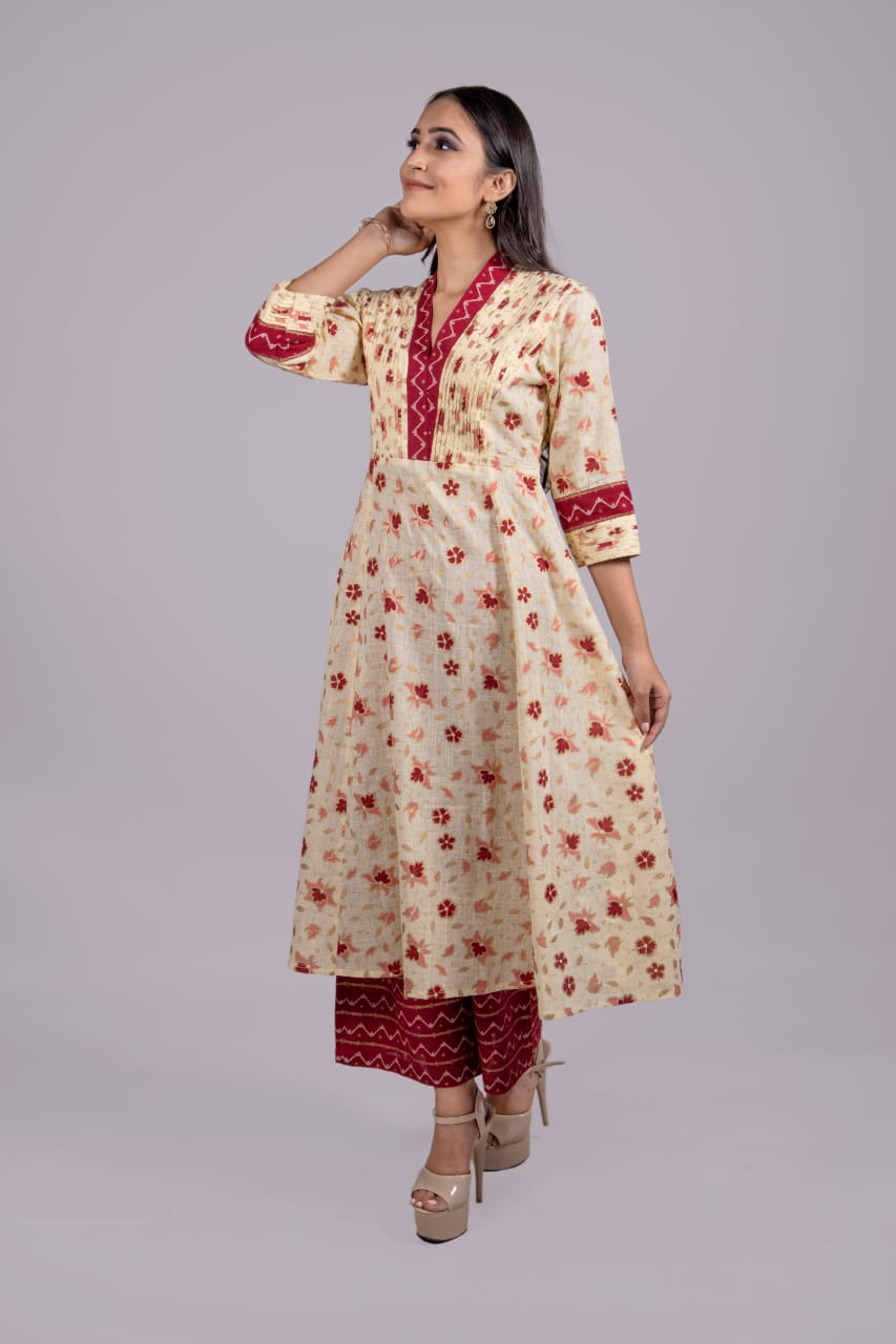 Adaara Off White and Red Kurta Palazzo Set - Adaara