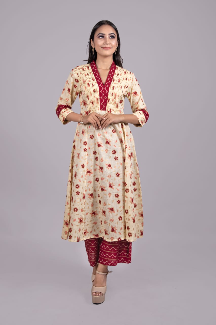 Adaara Off White and Red Kurta Palazzo Set - Adaara